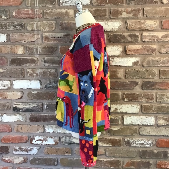 SUSAN BRISTOL VTG Multicolor Dog Whimsy Colorblock Full Zip Cardigan Sweater M - Picture 3 of 6